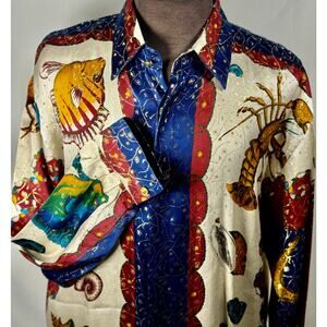 BRAVO Metallic Silk Men's Shirt XL Nautical Baroque Gold Button Statement luxury